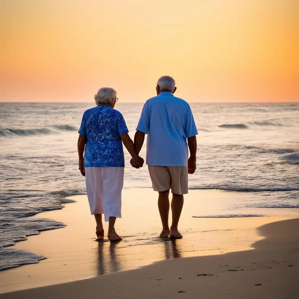 senior couple beach sunset